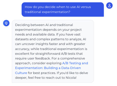 Chat transcript showing Aria answering how to choose between AI and traditional experimentation