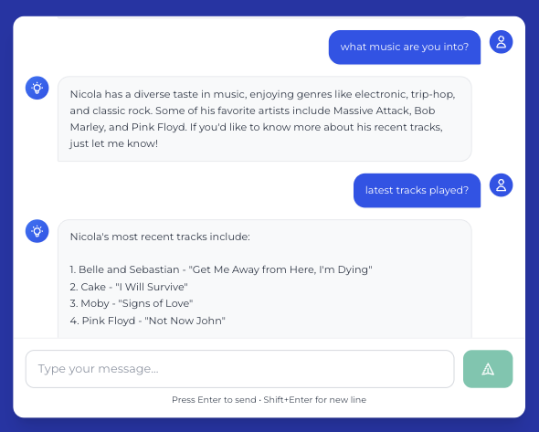 Chat transcript showing Aria answering questions about music tastes and latest tracks