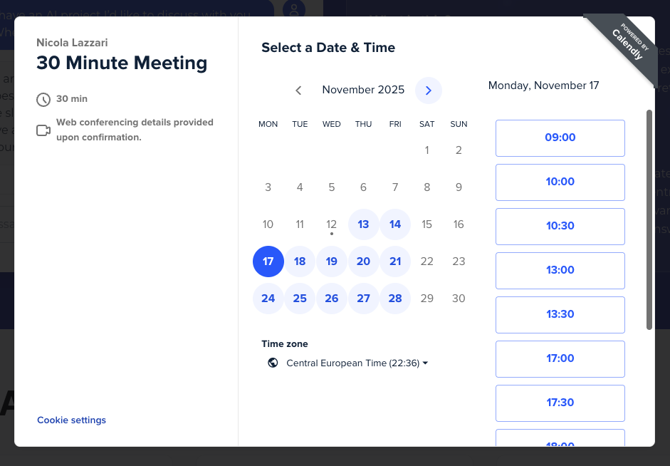 Calendly integration showing available time slots connected to Google Calendar